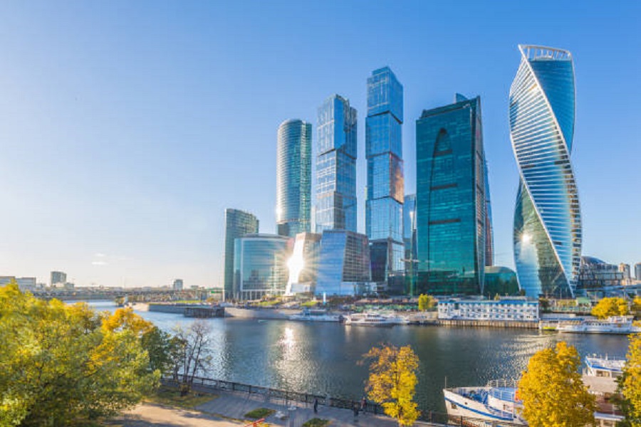 Moscow city skycraper, Moscow International Business Centre at autumn time with Moscow river, Russia Moscow city skycraper, Moscow International Business Centre at autumn time with Moscow river, Russia